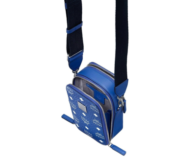 Shop Mcm Men's Blue White Visetos Crossbody Camera Bag In Blue / White