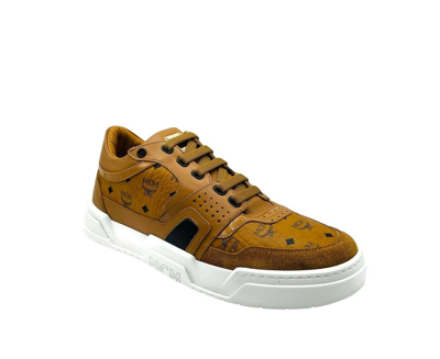 Shop Mcm Men's Cognac Brown Visetos Leather Low Top Sneakers
