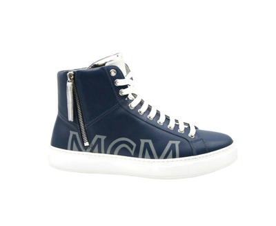 Shop Mcm Men's Estate Blue Leather Hi Top With Silver Trim Sneakers Mex9amm15ve (42 Eu / 9 Us)