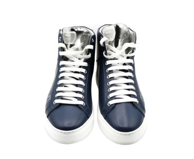 Shop Mcm Men's Estate Blue Leather Hi Top With Silver Trim Sneakers Mex9amm15ve