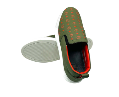 Shop Mcm Men's Moss Green Orange Logo Leather Slip On Sneaker (41 Eu / 8 Us)