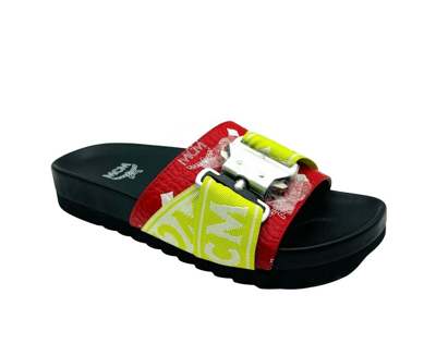 Shop Mcm Men's Red / White Logo Visetos With Buckle Slide Sandal Mex9smm29av In Red, White