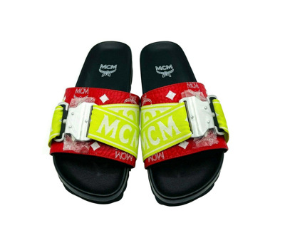 Shop Mcm Men's Red / White Logo Visetos With Buckle Slide Sandal Mex9smm29av In Red, White