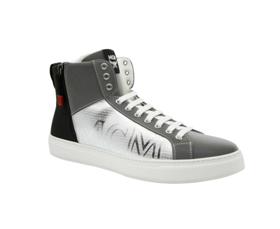 Shop Mcm Men's Silver / Black Reflective Leather Logo Hi Top Sneaker (42 Eu / 9 Us)