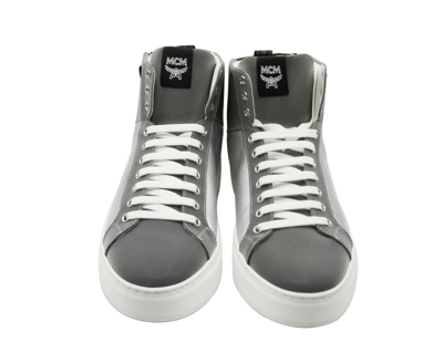 Shop Mcm Men's Silver / Black Reflective Leather Logo Hi Top Sneaker (42 Eu / 9 Us)