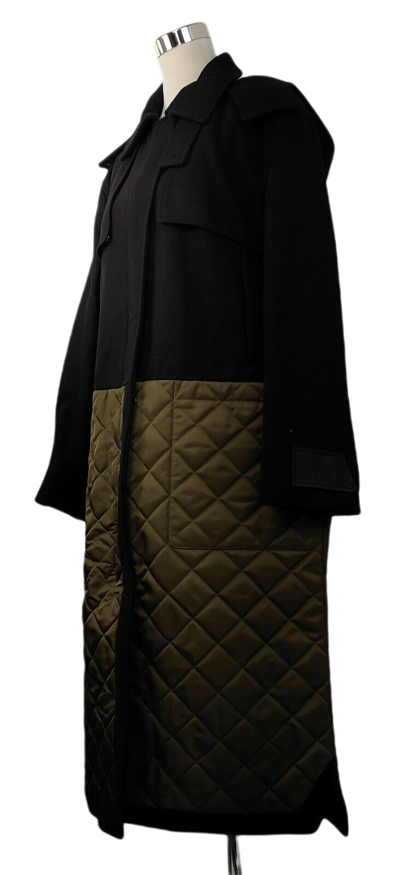Mcm Women's Black Wool/ Olive Green Quilted Nylon Long Coat W/hood (it 44) In Black