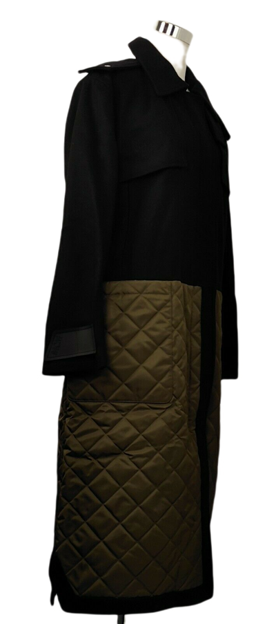 Mcm Women's Black Wool/ Olive Green Quilted Nylon Long Coat W/hood (it 44) In Black