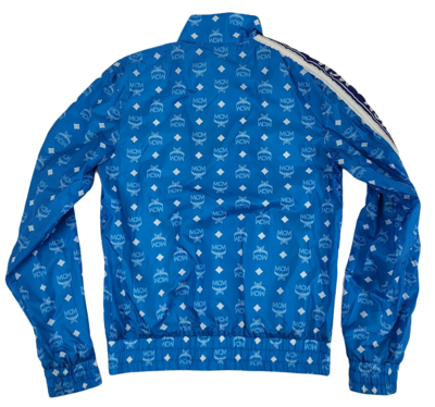 Shop Mcm Women's Blue Nylon Bomber Jacket W/white Logo Print It 38