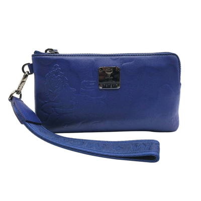 Shop Mcm Women's Estate Blue Leather Lion Camo Zipped Wrist Pouch Wallet