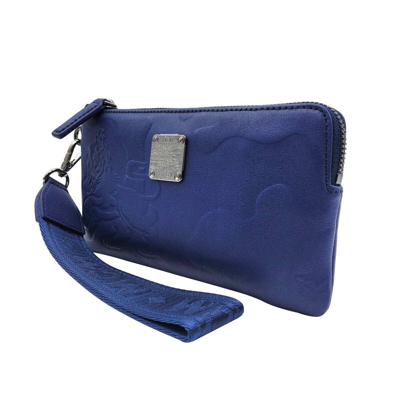Shop Mcm Women's Estate Blue Leather Lion Camo Zipped Wrist Pouch Wallet