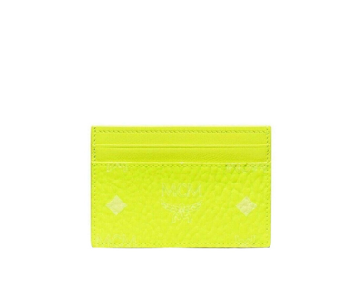 Shop Mcm Women's Neon Yellow Visetos Coated Canvas Card Case Holder