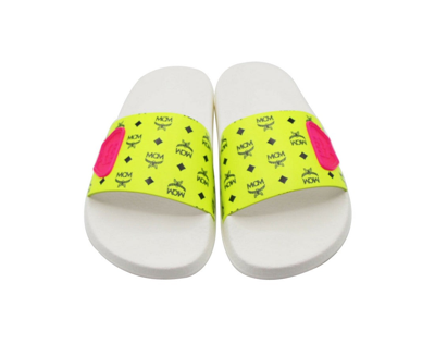 Shop Mcm Women's White / Neon Yellow Logo Leather Rubber Slides Sandals (36 Eu / 6 Us) In White / Yellow