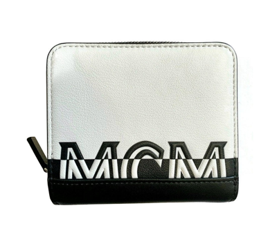 Shop Mcm Women's White Black Contrast Logo Small Zip Wallet In White / Black