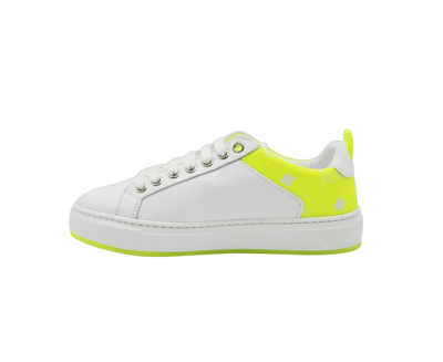 Shop Mcm Women's White Leather Neon Green Logo Trim Low Top Sneaker Mes9alc67wt (37 Eu / 7 Us)
