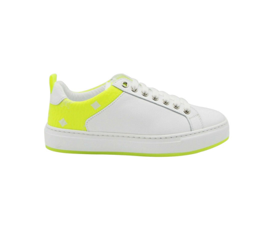 Shop Mcm Women's White Leather Neon Green Logo Trim Low Top Sneaker Mes9alc67wt