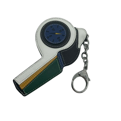 Mcm Women's White/green Leather Black Visetos Whistle Charm Key Ring In White / Green