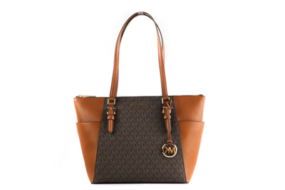 Shop Michael Kors Charlotte Signature Leather Large Top Zip Tote Handbag Bag Women's (brown)
