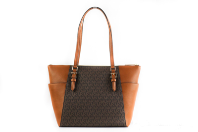 Shop Michael Kors Charlotte Signature Leather Large Top Zip Tote Handbag Bag Women's (brown)