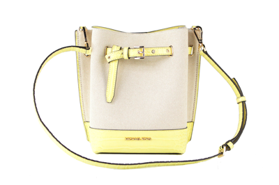 Shop Michael Kors Emilia Small Canvas Snakeskin Print Leather Bucket Bag Messenger Crossbody Handbag Wome In Yellow