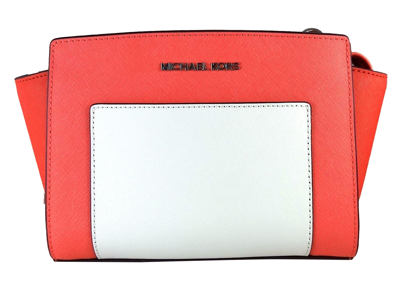 Shop Michael Kors Selma Pocket Medium Messenger Bag In Coral / Watermelon / White