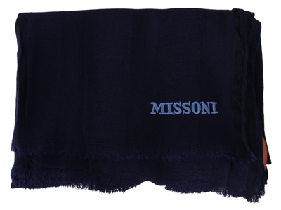 Shop Missoni Elegant Blue Wool Scarf With Embroidered Men's Logo