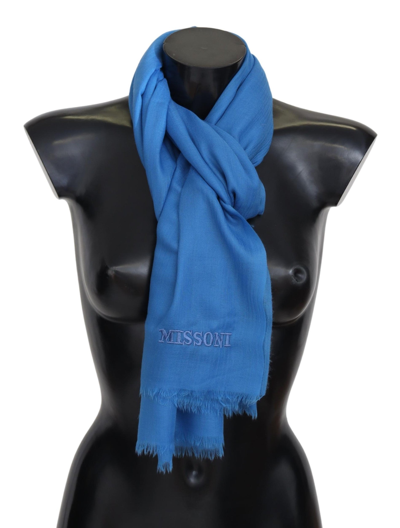 Shop Missoni Elegant Wool Scarf With Signature Men's Embroidery In Blue