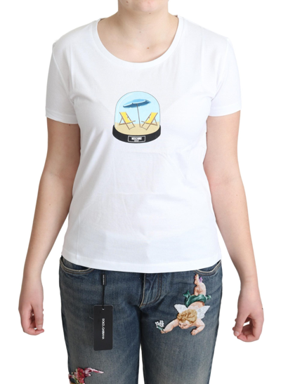 Shop Moschino White Printed Cotton Short Sleeves Tops Women's T-shirt