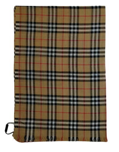 Shop Burberry New  Classic Gauze Vintage Brown Checker Wool Silk Scarf
