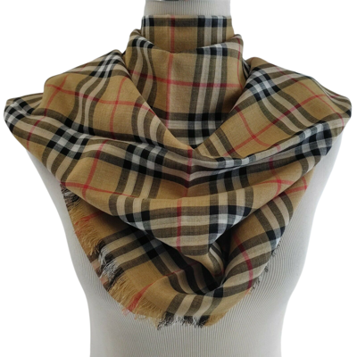 Shop Burberry New  Classic Gauze Vintage Brown Checker Wool Silk Scarf