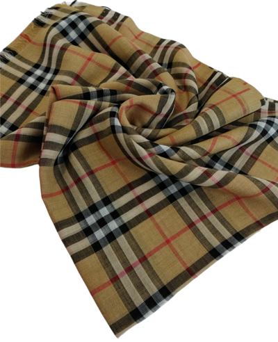 Shop Burberry New  Classic Gauze Vintage Brown Checker Wool Silk Scarf