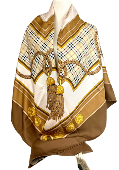 Shop Burberry New  Women's Brown Silk Large Scarf Shawl With Horse Tassel Print
