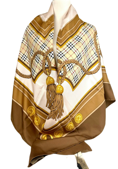 Burberry New  Women's Brown Silk Large Scarf Shawl With Horse Tassel Print In Brown