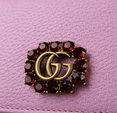 Gucci Marmont Women's Pink Leather Wallet W/crystal Double G In Pink