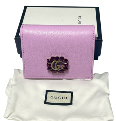 Gucci Marmont Women's Pink Leather Wallet W/crystal Double G In Pink
