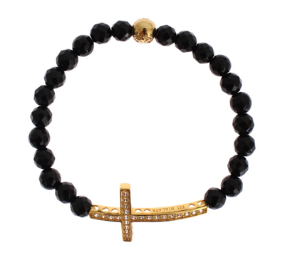 Shop Nialaya Agate Stone Gold Cz Cross 925 Silver Women's Bracelet In Black