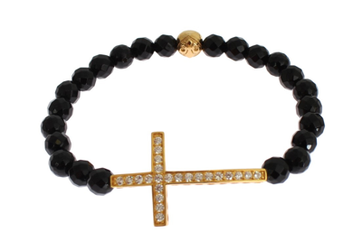 Shop Nialaya Agate Stone Gold Cz Cross 925 Silver Women's Bracelet In Black