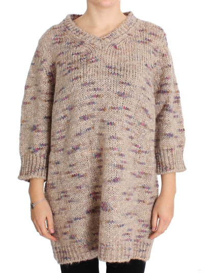 Shop Pink Memories Beige Oversized V-neck Knitted Women's Sweater