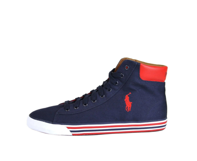 Shop Polo Ralph Lauren Men's Harvey Canvas High Top Sneaker With Logo In Navy / Red