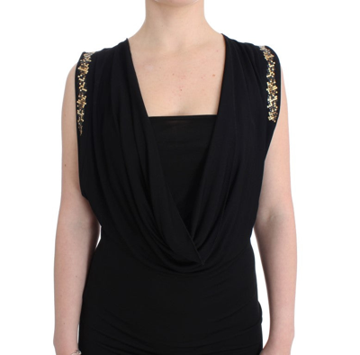 Shop Roccobarocco Elegant Sleeveless Black Mini Dress With Gold Women's Details