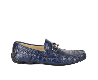 Shop Ferragamo Salvatore  Men's Parigi Dark Blue Crocodile Horsebit Loafers