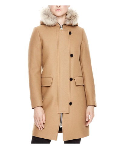 Shop Sandro Women's Camel Kurt Wool Coat With Fur Trim Hood 4 Buttons