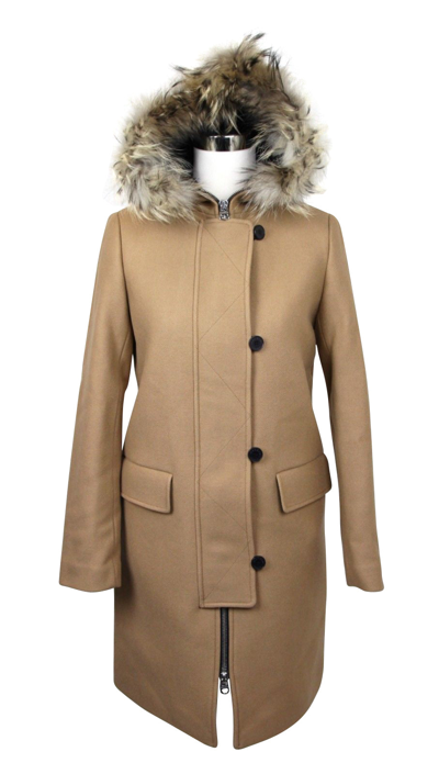 Shop Sandro Women's Camel Kurt Wool Coat With Fur Trim Hood 4 Buttons