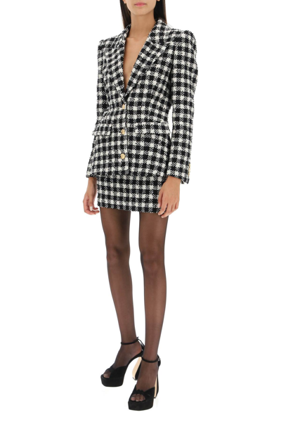 Shop Alessandra Rich Gingham Virgin Wool Blend Tweed Jacket In White,black