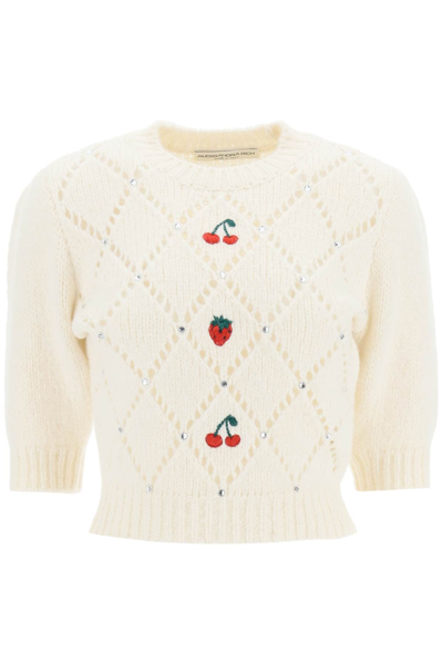 Shop Alessandra Rich Cropped Alpaca Blend Sweater With Rhinestones In White