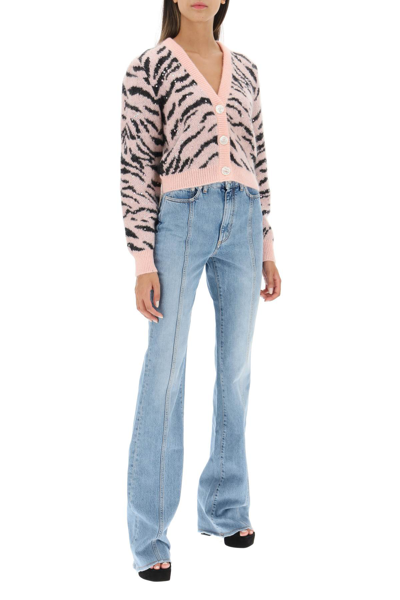 Shop Alessandra Rich Cropped Cardigan With Zebra Motif And Crystals In Pink,black