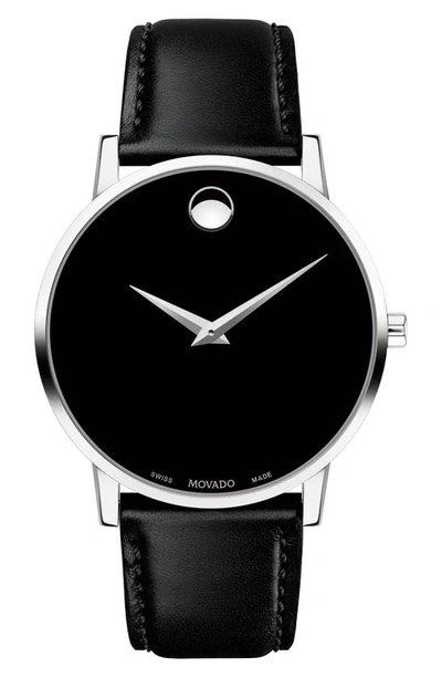 Shop Movado Leather Strap Watch, 40mm In Black/ Silver