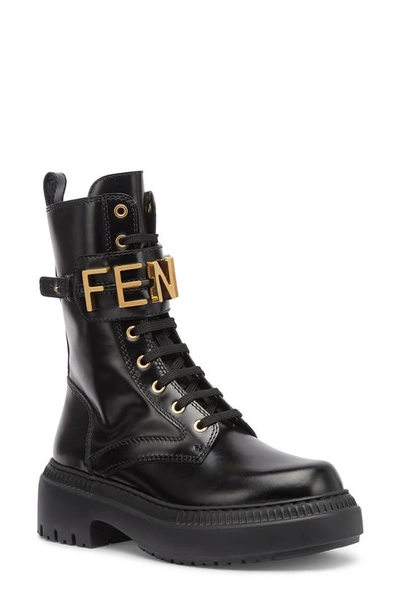 Shop Fendi Graphy Combat Boot In Nero/ Nero Oro