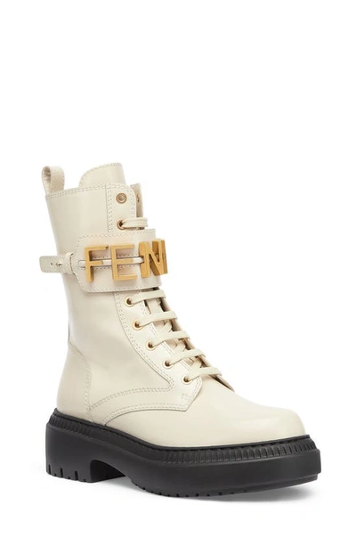 Shop Fendi Graphy Combat Boot In Bianco/ Oro