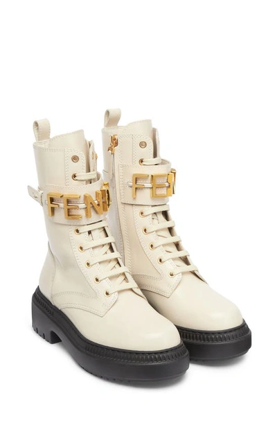 Shop Fendi Graphy Combat Boot In Bianco/ Oro