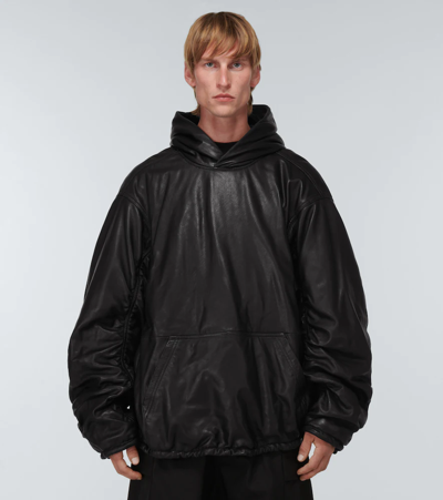 Shop Balenciaga Oversized Leather Hoodie In Black